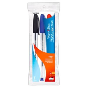 Caneta Papermate Kilometrica 100 média - Pouch c/3 AZ/PT/VM