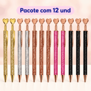 Caneta Metálica LUXO Clic Coração Glitter - IMPORTADO - PACOTE 12 UND