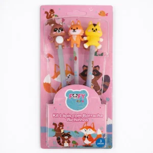 Kit Lápis c/ Borracha Bichinhos 3 Peças - FOFY - BLISTER