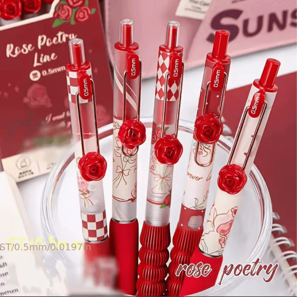 kit Caneta PREMIUM Flor Rosa 5 UND - IMPORTADO - BLISTER