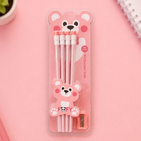 Kit Escolar Ursinho Rosa Cute 10 Peças - FOFY - BLISTER
