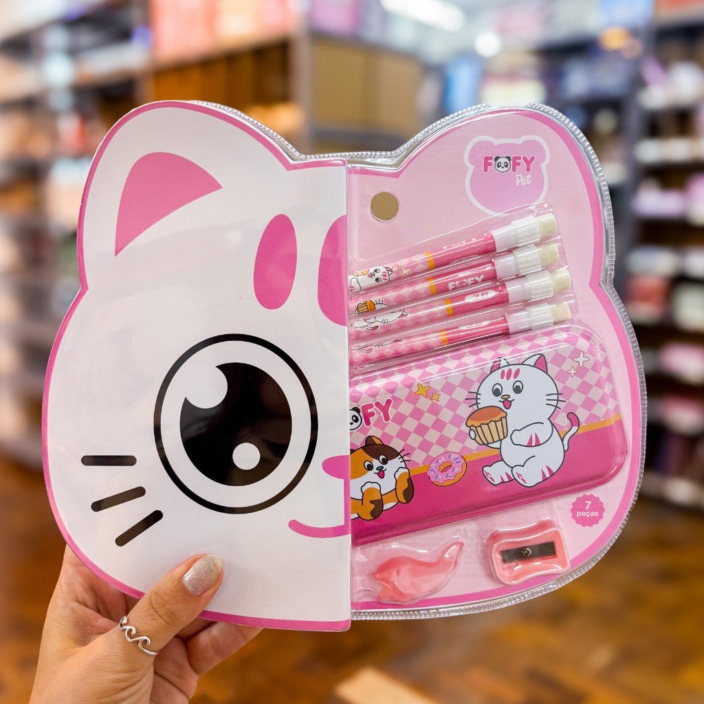 Kit Escolar Amiguinhos Gato 7 Peças - FOFY - BLISTER