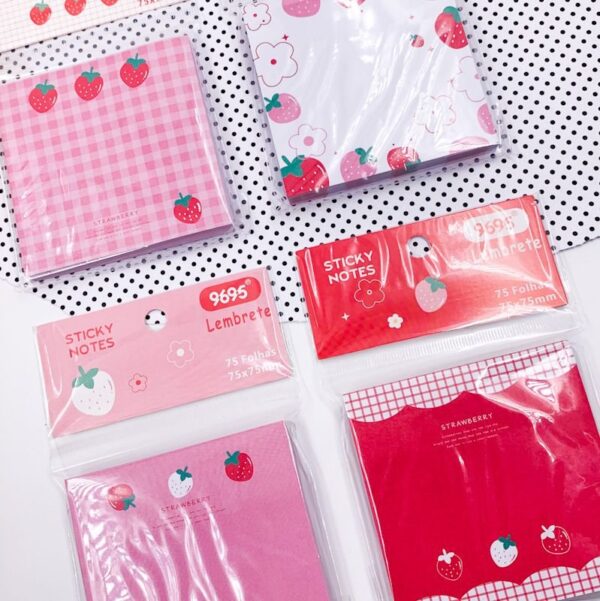 Bloco de Notas Adesivado Morango Strawberry - KIT 4 UND