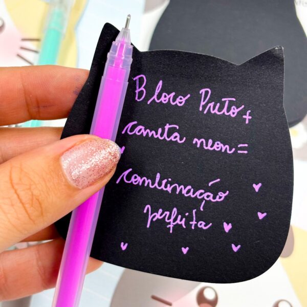 Bloco de Notas  Adesivado Preto c/ Caneta Neon Gatinho