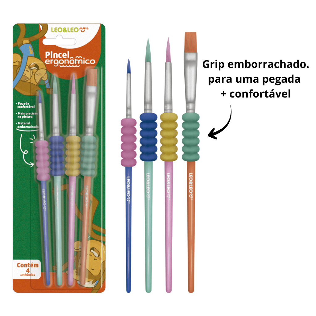 Pincel Ergonômico C/ Borracha Ponta Redonda/Chata - LEO e LEO - BLISTER