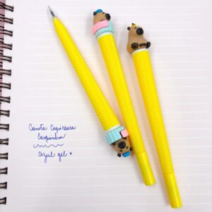 Caneta Fofa Azul Capivara Casquinha - Kit 3 Und