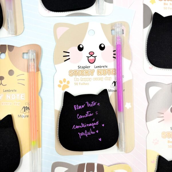 Bloco de Notas  Adesivado Preto c/ Caneta Neon Gatinho