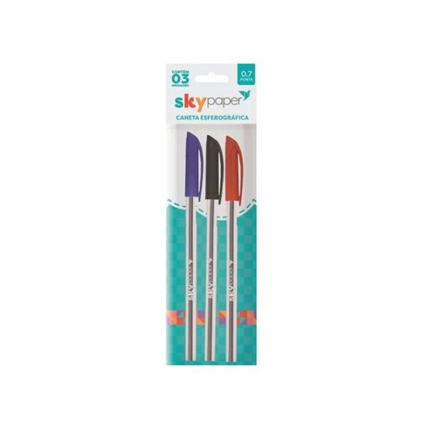 Kit Caneta Esferográfica 0.7mm c/ 3 Cores PT/AZ/VM - SKYPAPER - BLISTER
