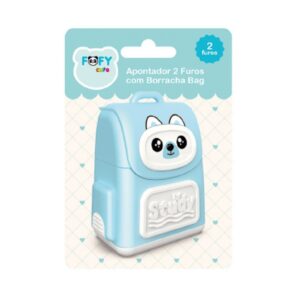Apontador c/ Borracha 2 Furos Bag Azul - FOFY - BLISTER 1 UND