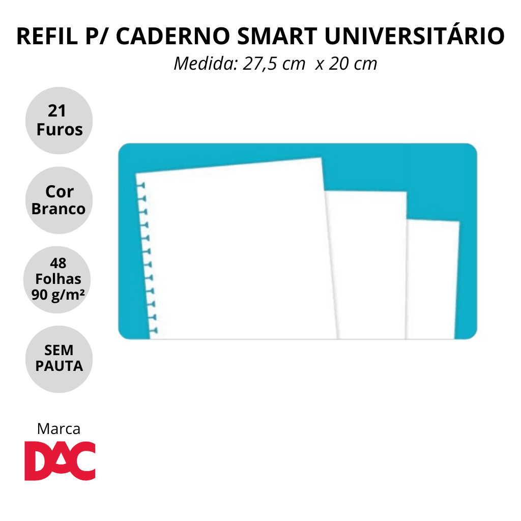 Refil de Folhas Reposicionável para Caderno Smart Universitário SEM PAUTA Branco - DAC