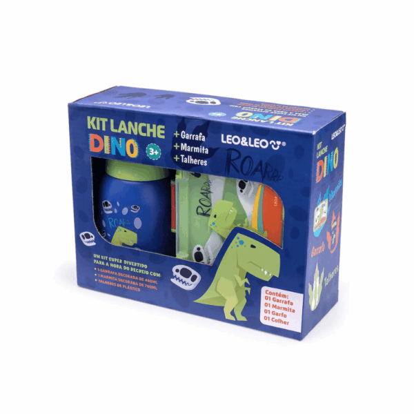 Kit Lanche Dino Garrafa + Marmita + Talher Leo e Leo