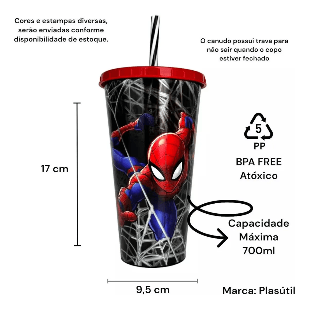 Copo Refri Homem-Aranha c/ Canudo 700ml - PLASÚTIL - UND