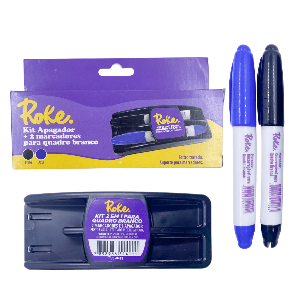 Kit Apagador + 2 Marcadores Quadro Branco ROKE - UND