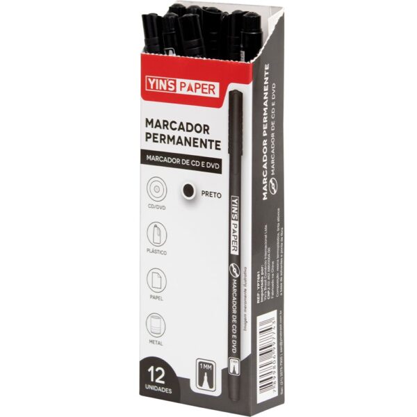 Caneta Marcador Permanente Slim Preto - YINS PAPER - CX 12 UND