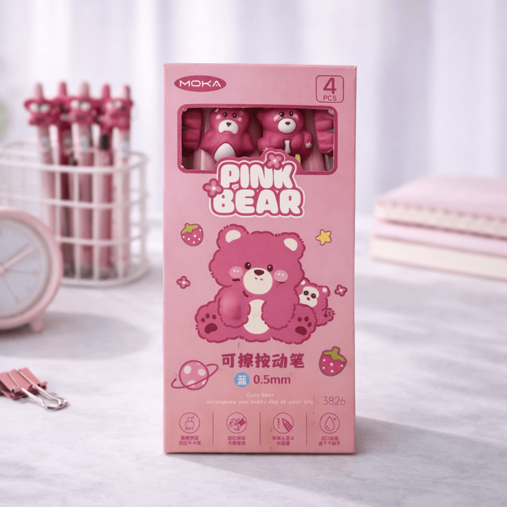 Kit Caneta Premium Apagável Ursinho Rosa 4 UND - IMPORTADO - BLISTER