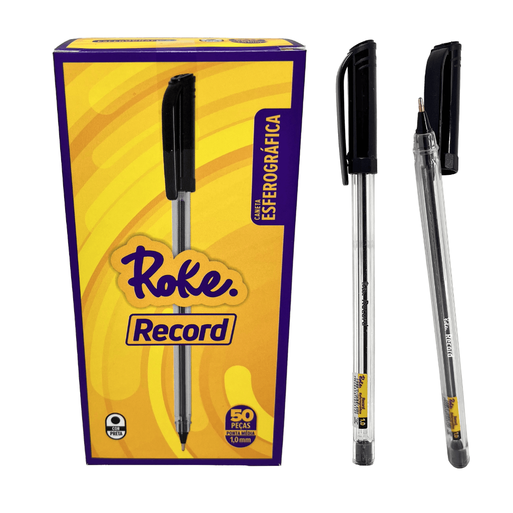 Caneta Esferográfica Transparente PRETA 1.0 mm Record - ROKE - CX 50 UND