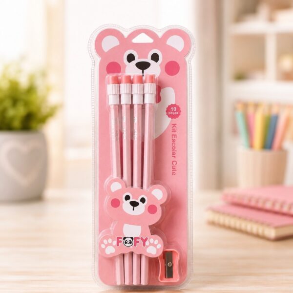 Kit Escolar Ursinho Rosa Cute 10 Peças - FOFY - BLISTER