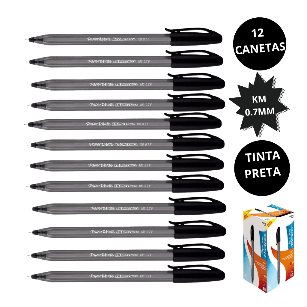 Caneta Kilométrica 100 Ponta Fina 0.7mm PRETA - PAPER MATE - 12 UND