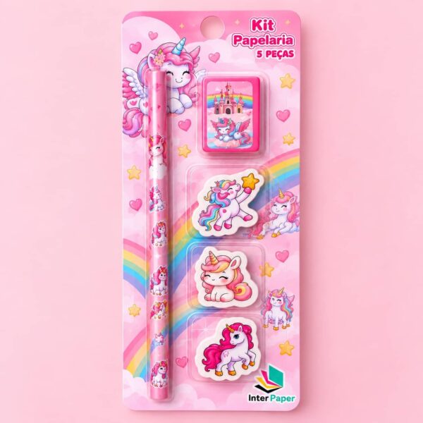 Kit Escolar Panda/Unicórnio 5 Peças - IMPORTADO - BLISTER
