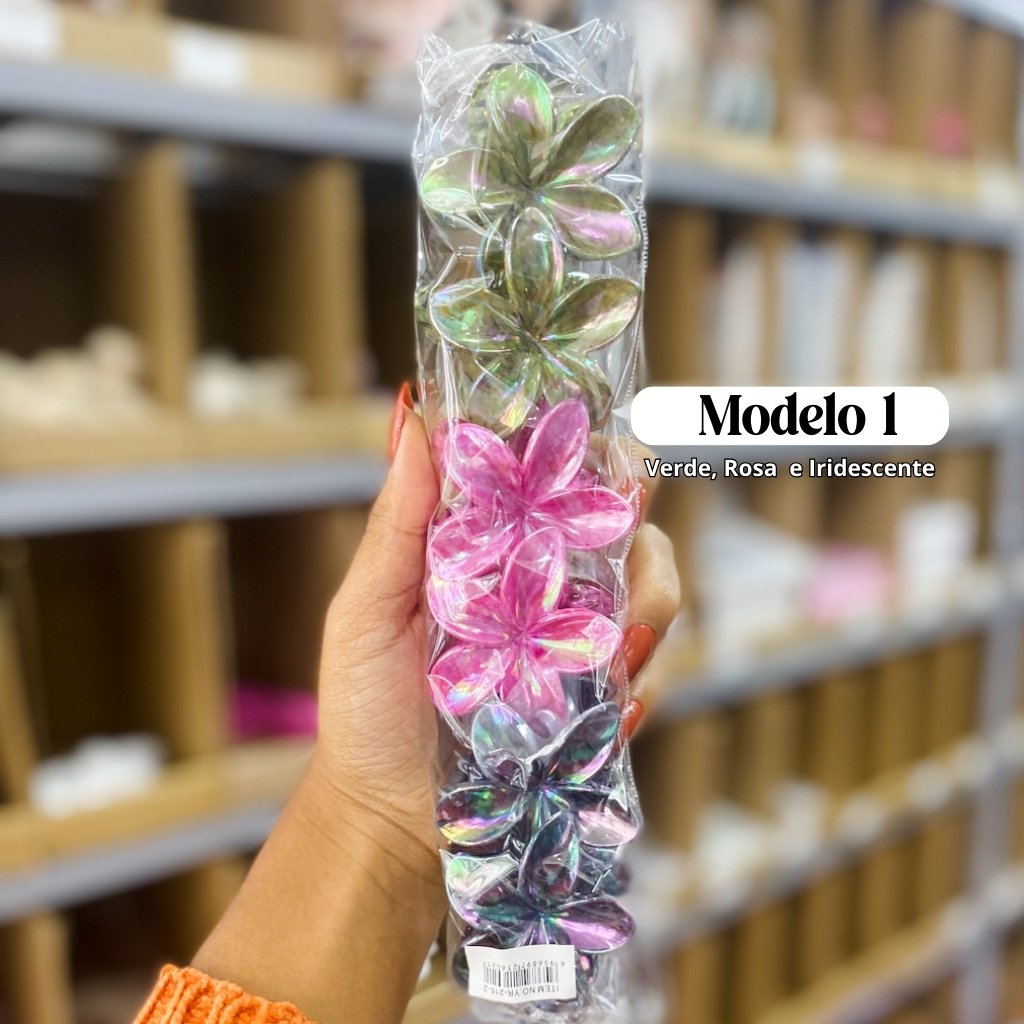 Presilha Piranha Flor Metalizada 6 cm - IMPORTADO - PACOTE 6 UND
