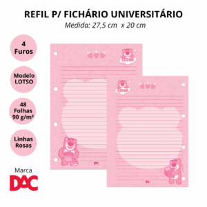 Refil de Folhas para Fichário Universitário Ursinho Lotso - DAC