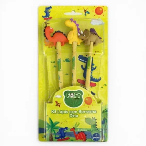 Kit Lápis c/ Borracha Dino 3 Peças - FOFY - BLISTER