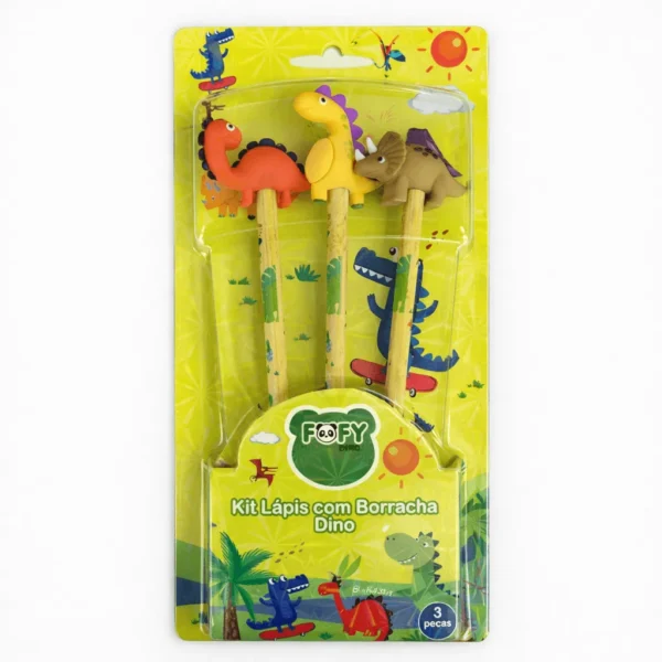 Kit Lápis c/ Borracha Dino 3 Peças - FOFY - BLISTER