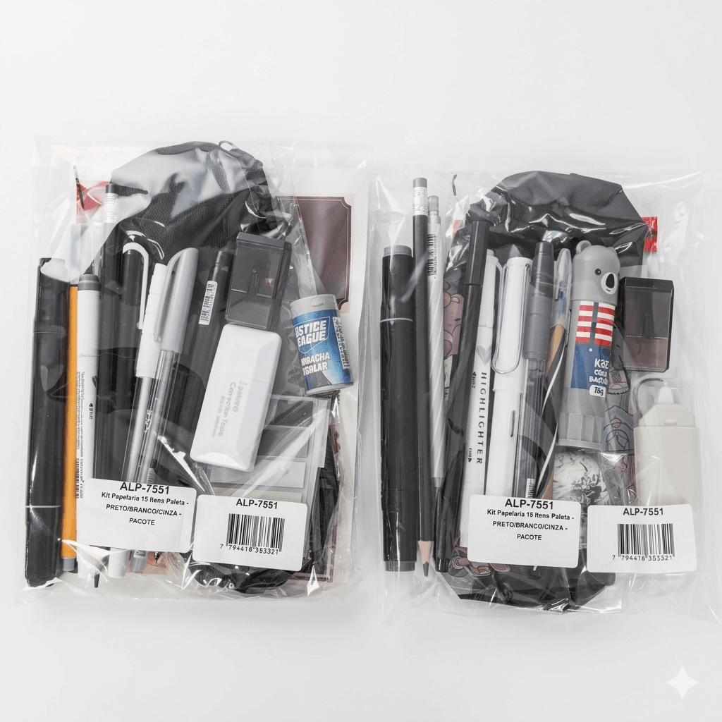 Kit Papelaria 15 Itens Paleta - PRETO/BRANCO/CINZA - PACOTE