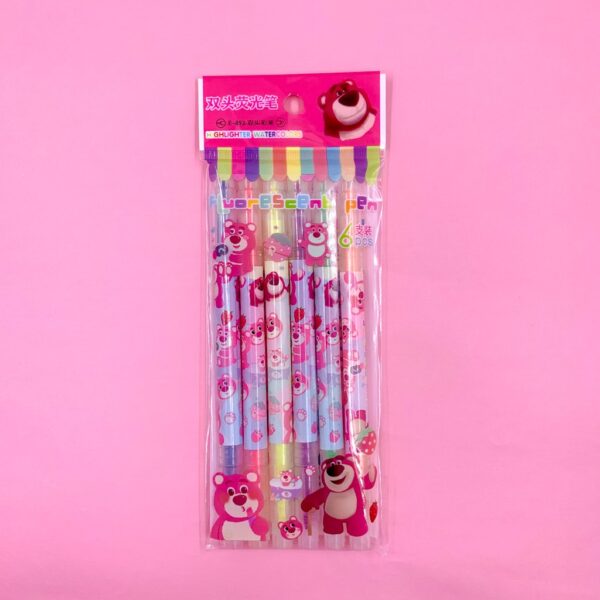 Marca Texto 2 Pontas Estampado Ursinho Lotso - Kit 6 Cores