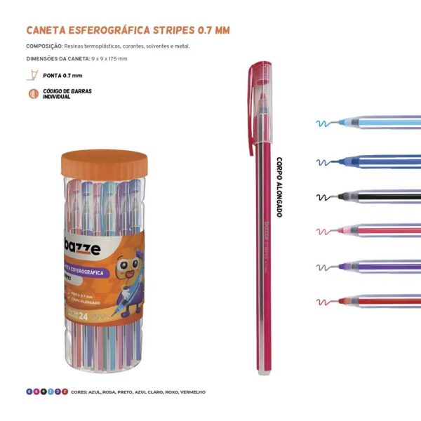Caneta Esferográfica Stripes Clássicas e Fashion 0.7mm - TRIS BAZZE - POTE 24 UND