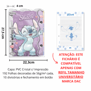 Fichário Universitário PVC Cristal 10 Divisórias Stitch 192 fls - DAC