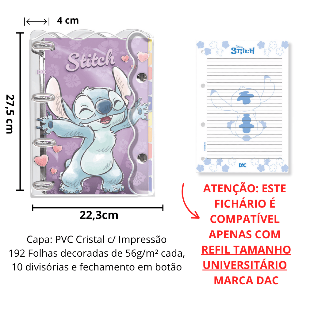 Fichário Universitário PVC Cristal 10 Divisórias Stitch 192 fls - DAC