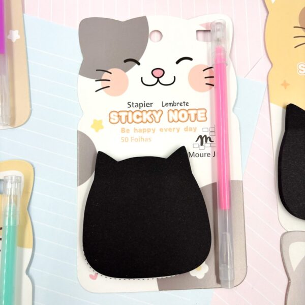 Bloco de Notas  Adesivado Preto c/ Caneta Neon Gatinho