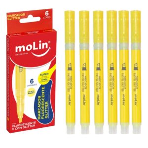 Marca Texto Fluorescente Glitter Amarelo MOLIN - CX 6 UND