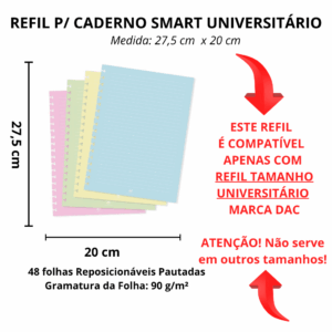 Refil de Folhas Reposicionável para Caderno Smart Universitário Colorido - DAC