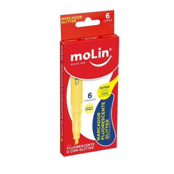 Marca Texto Fluorescente Glitter Amarelo MOLIN - CX 6 UND