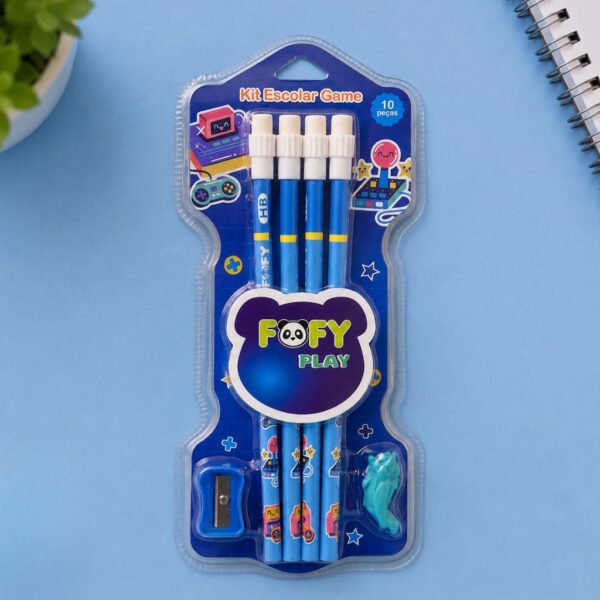Kit Escolar Game AZUL 10 Peças - FOFY - BLISTER