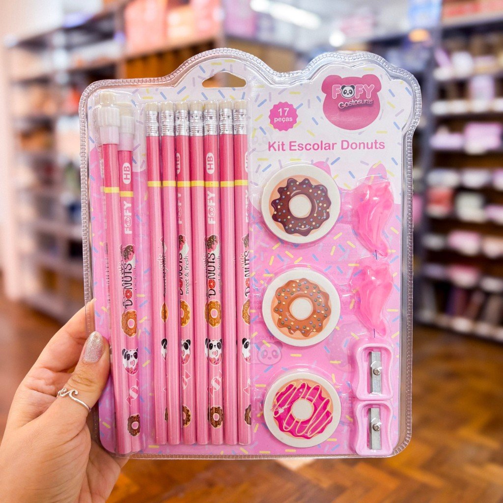 Kit Escolar Donuts Panda Cute 17 Peças - FOFY - BLISTER