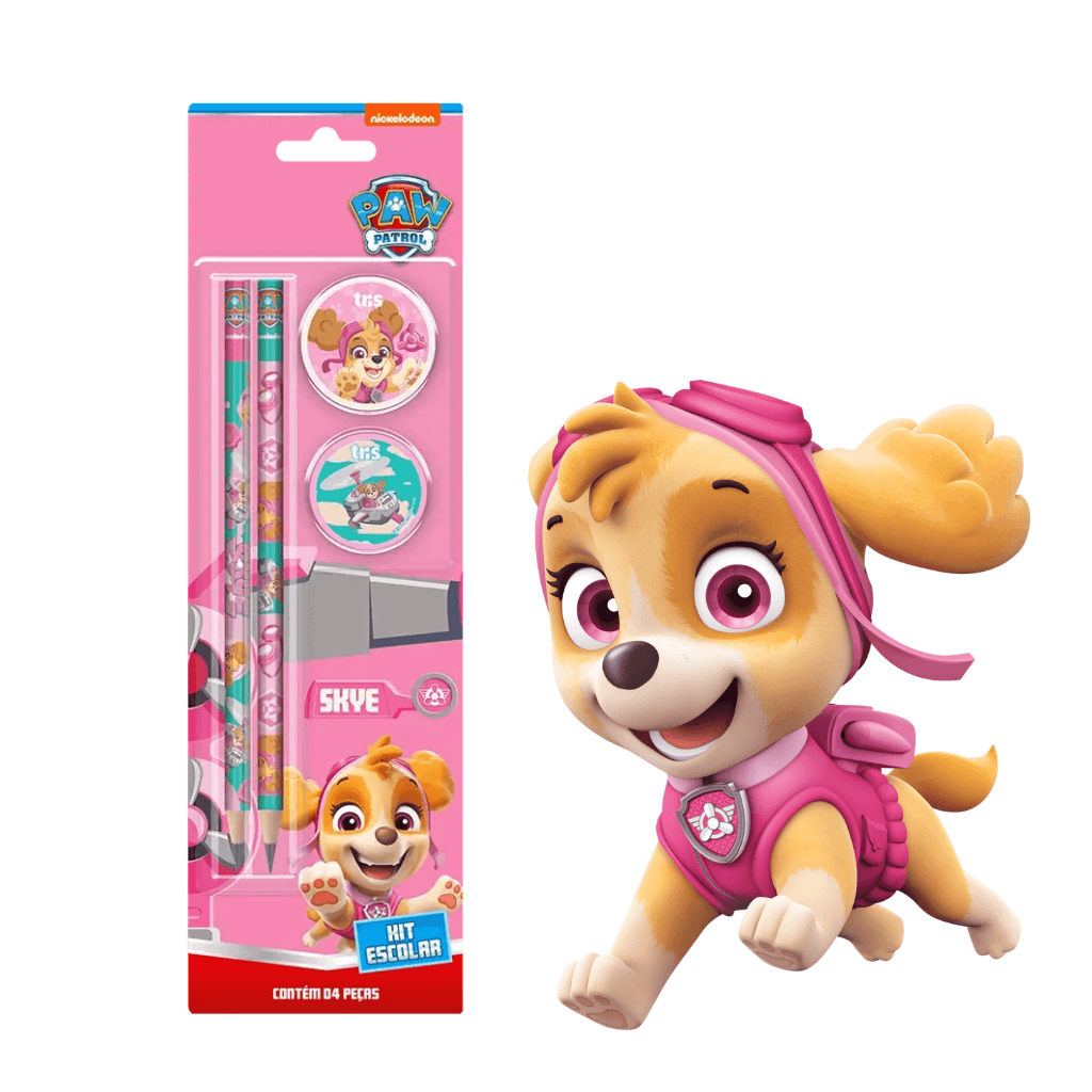 Kit Escolar 4 Peças Skye Patrulha Canina Rosa - TRIS - BLISTER