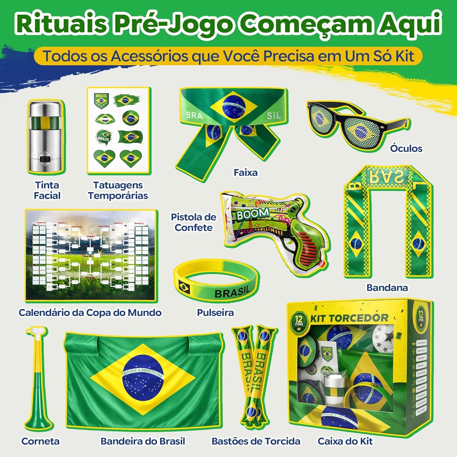 Kit Torcedor  12 Itens BRASIL Copa do Mundo - IMPORTADO - UND