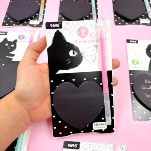 Bloco de Notas Adesivado Coração Preto c/ caneta Neon Gatinho