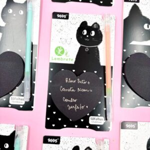 Bloco de Notas Adesivado Coração Preto c/ caneta Neon Gatinho